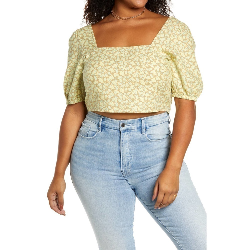 NEW BP. Puff Sleeve Crop Top in Beige Nougat Allison Floral at Nordstrom Size 1X
